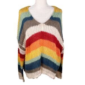 Elan Sweater Rainbow Oversized Open Knit Stripes Large V-Neck